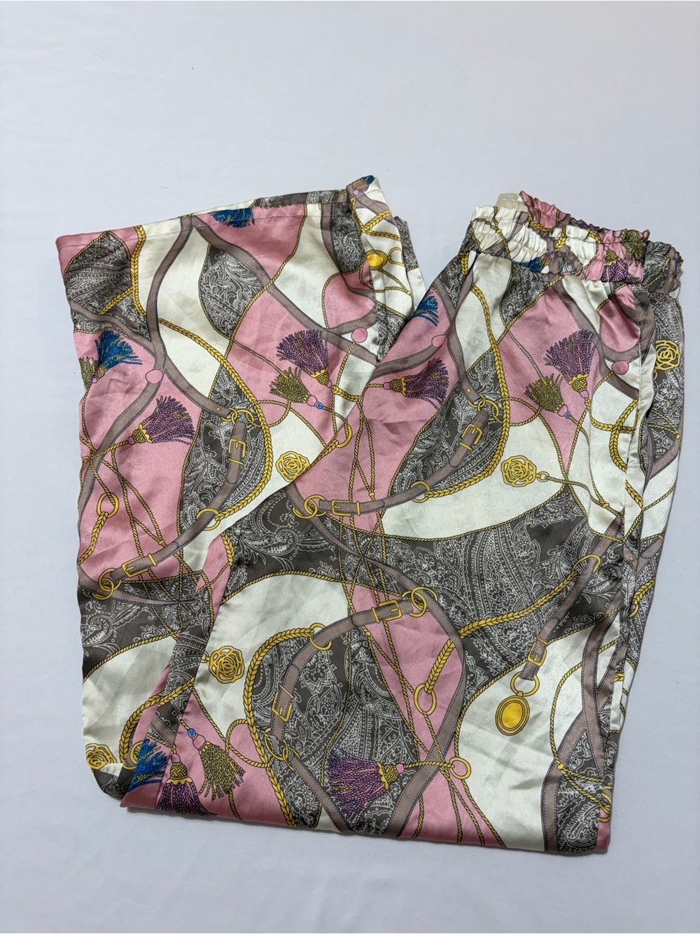 Cider Satin Wide Leg Pants Medium Scarf Chain Equestrian Print Pink Cream Grey